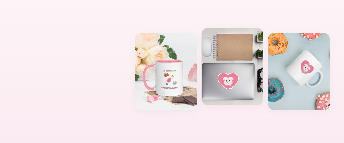 ToniBunny bestsellers in everyday use: the I Love Mondays mug beside flowers, a Pink Heart sticker on a laptop, and a Pink Heart mug with donuts