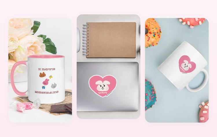 ToniBunny bestsellers in everyday use: the I Love Mondays mug, a Pink Heart sticker on a laptop, and a Pink Heart mug with donuts